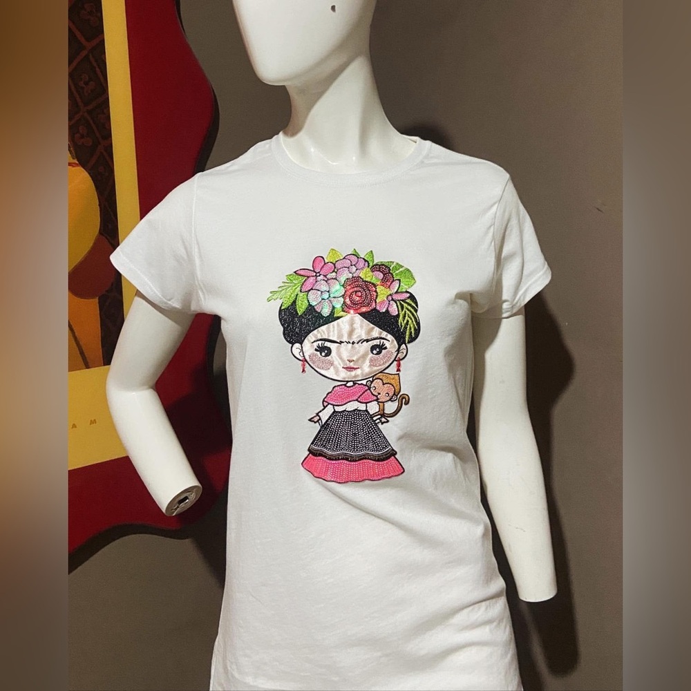 White Graphic Tee with Sequin Design